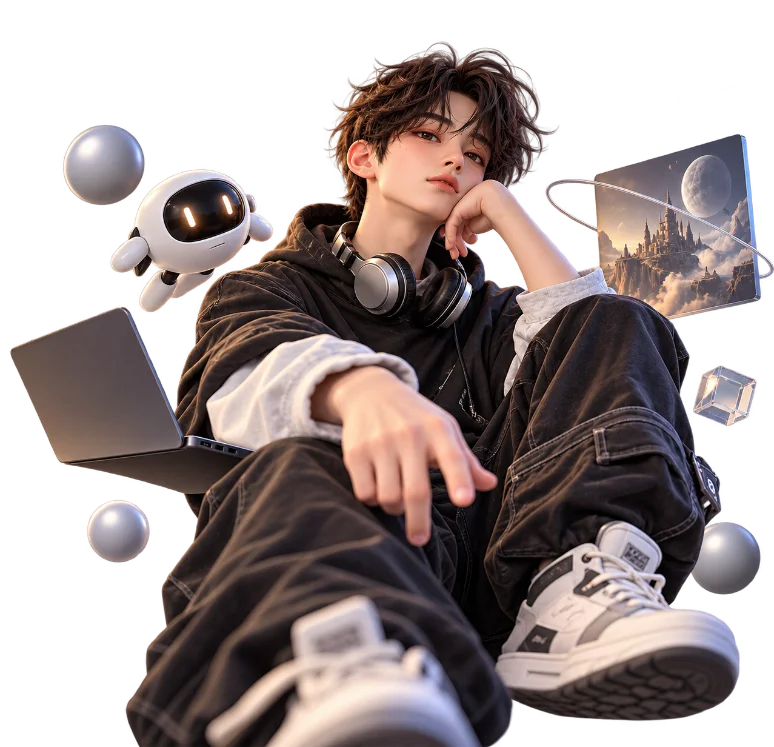 헤드폰을 쓴 정하준의 3D 캐릭터와 주변에 떠 있는 로봇, 노트북, 오브젝트